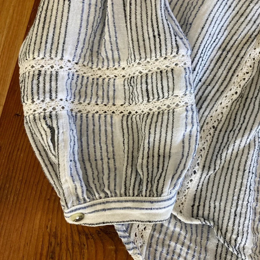 Free People Hooded Puff Sleeve Swing Shirt White, Black, Blue Stripes Size XS